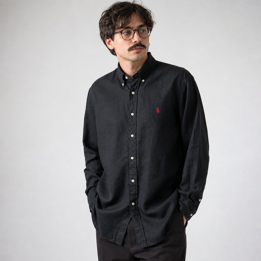 Polo Ralph Lauren Men's 185/104A Black Button-Down Collar 100% Linen Shirt